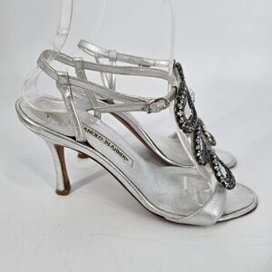 Manolo Blahnik Silver Rhinestone Embellished Strappy Sandals Size 36.5
